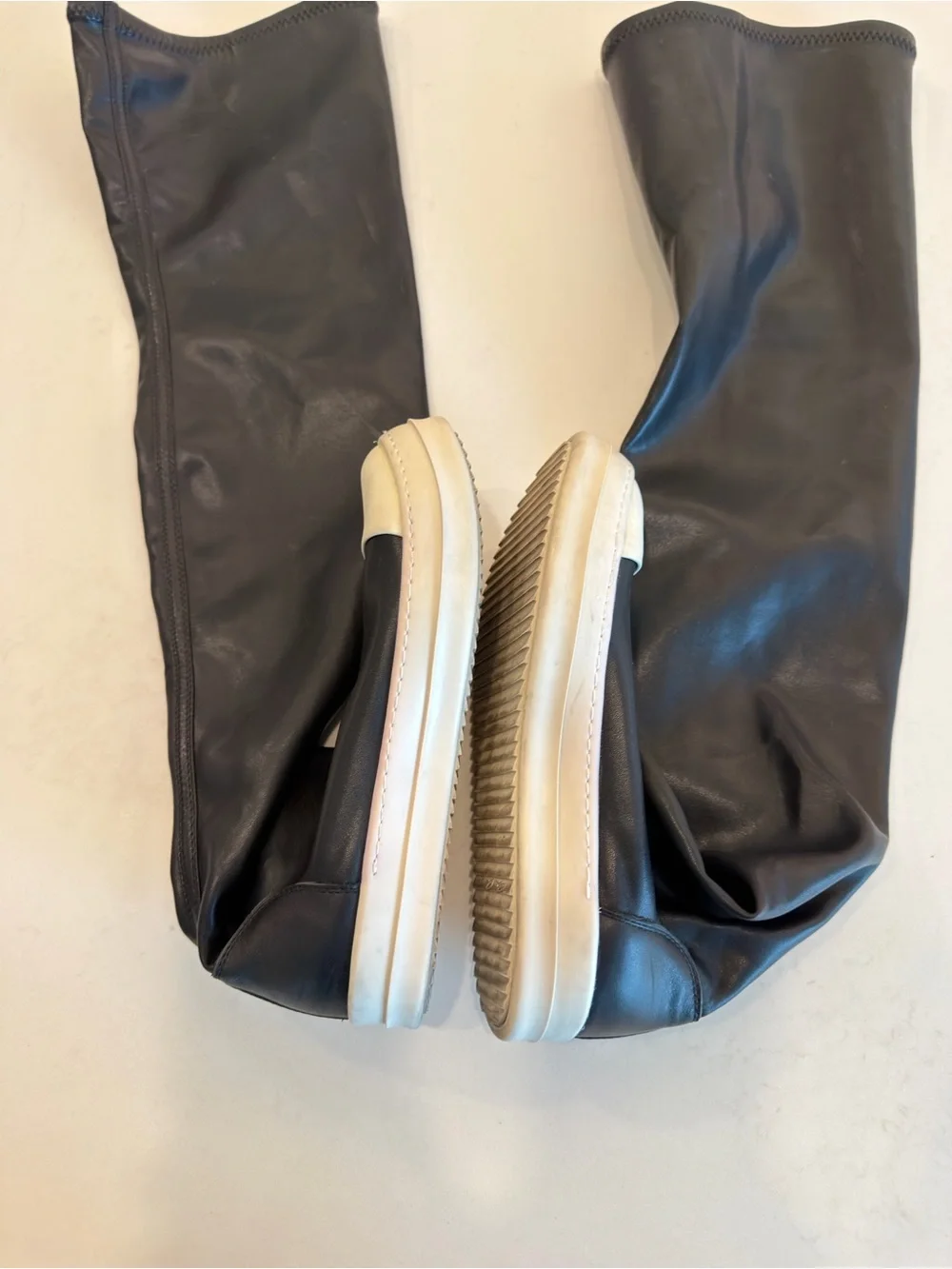 Rick Owens Black Over-the-Knee Slip-On Leather Boots with White Sole